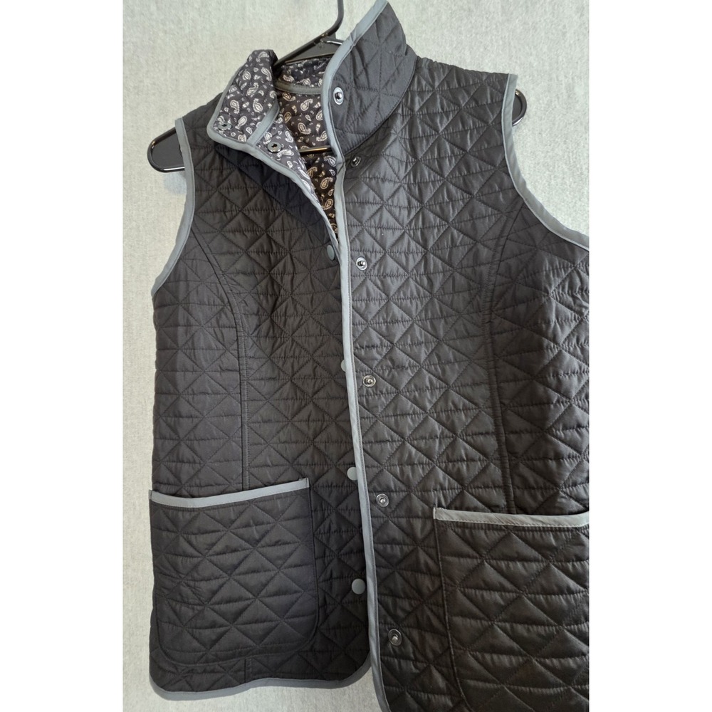 Lands End XS Womens Reversible Quilted Vest Lightweight Black Floral Full Snap